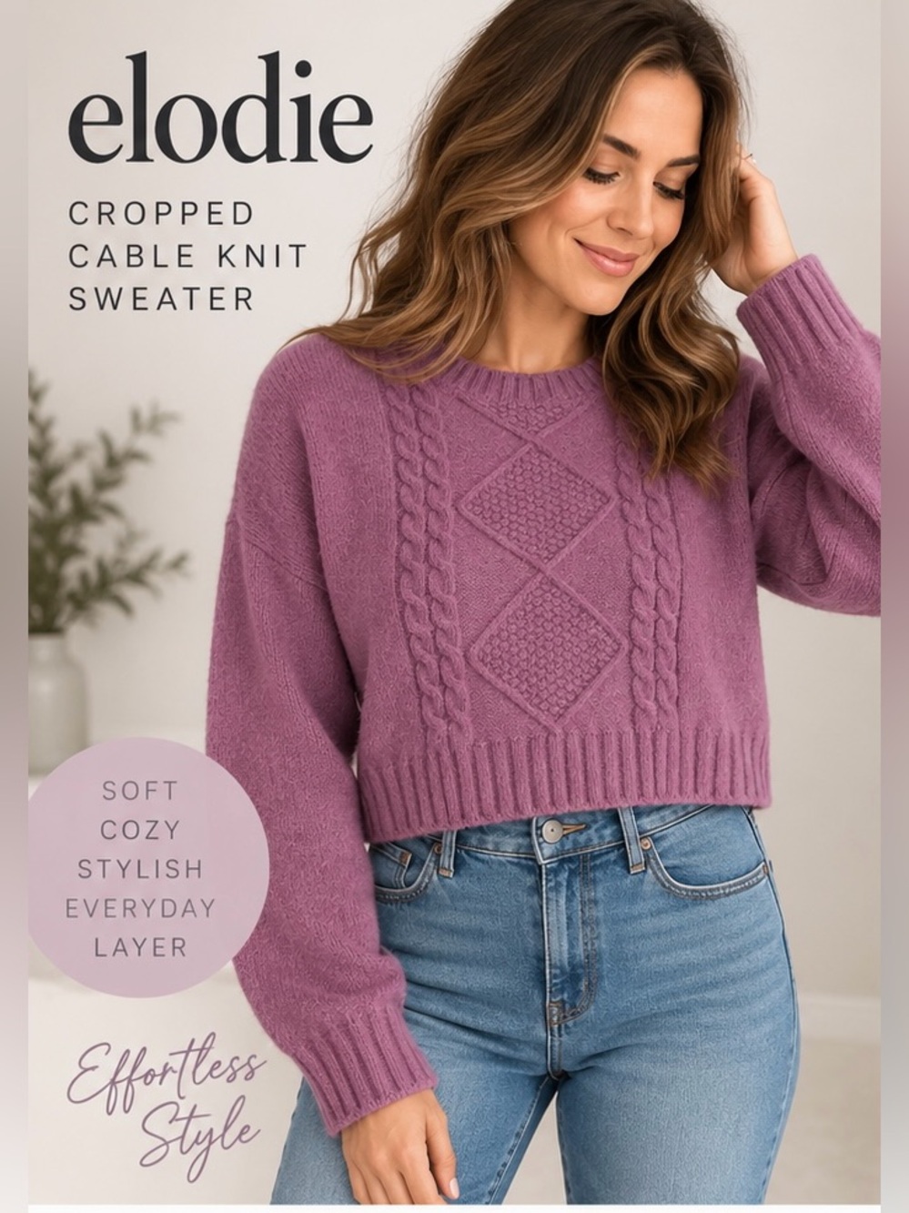 Elodie Cropped Cable-Knit Sweater in Dusty Mauve/Purple (XS)